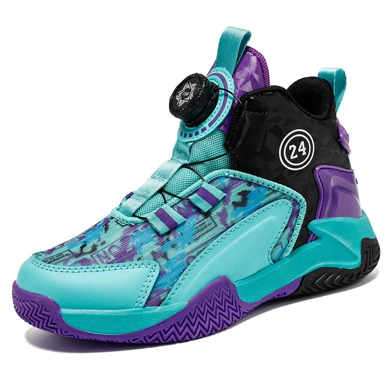 New children's button-down basketball shoes, mesh fly knitted basketball sneakers, combat boots, high-top shoes, boys' sneakers, big boys