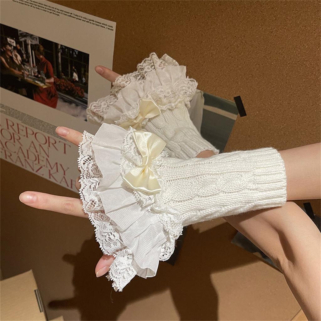 Women Gothic Lace Stretch Wrist Cuffs Knitted For Wedding Party Y2K Sleeve Wrist Cuffs Ruffled Lace