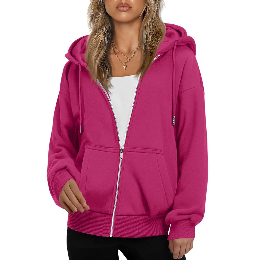 Women's Fashionable Oversized Hooded Casual Sweatshirt With Zip-Up Solid Colour Jacket