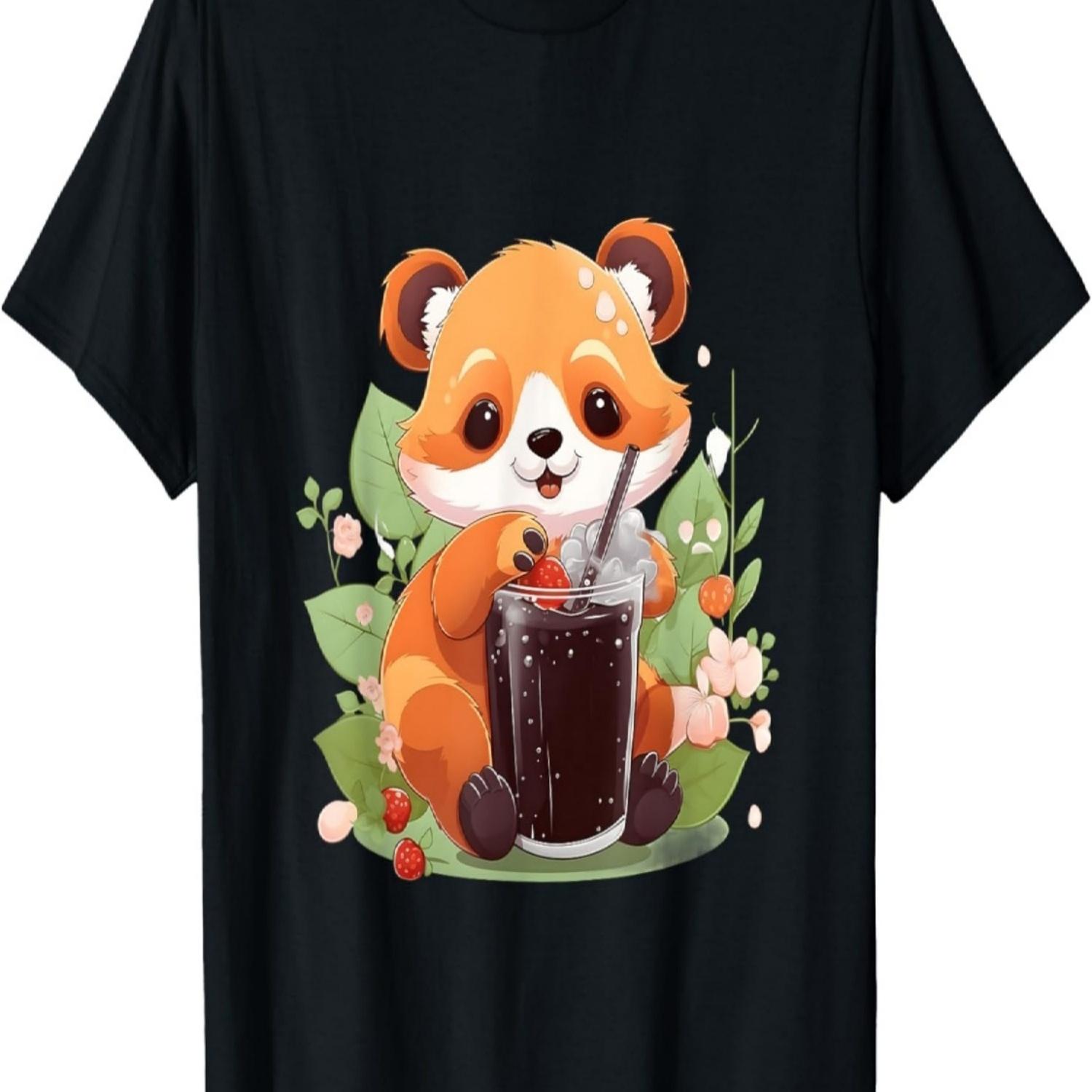 Kawaii Anime Red Panda Drinks Boba Tea Bubble Cherry Blossom T-Shirt(5) S чёрный