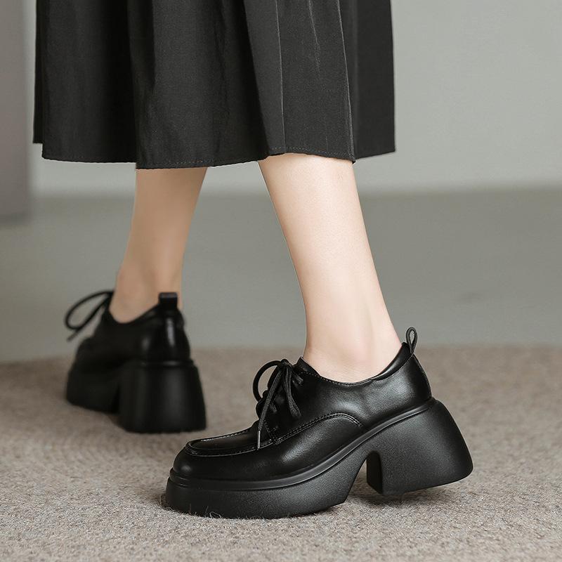 

Туфли на плоской подошве из натуральной кожи для женщин Huizhou, туфли цвета винограда, туфли на платформе, универсальные туфли на шнуровке в британском стиле, маленькие кожаные туфли 34 чёрный