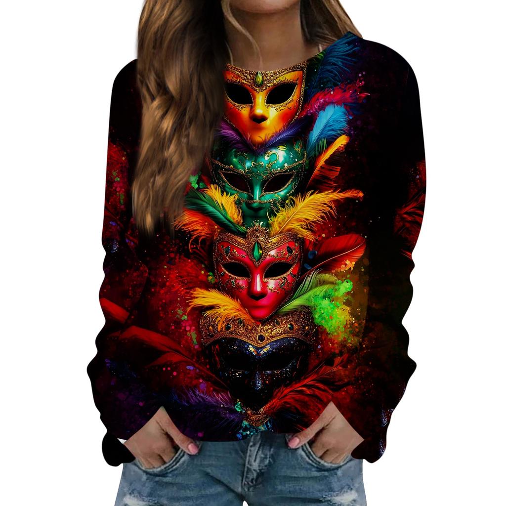 Women's Fashion Casual Long Sleeved Print Round Neck Sweater Top