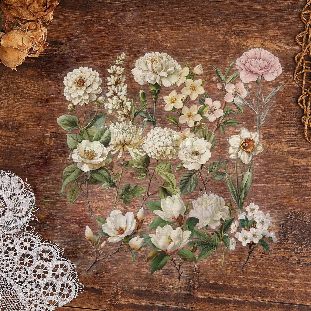 50 Retro Long Branch Flower Transparent PET Stickers - Double-Sided, Waterproof Decals for Journals, Phone Cases, and Computers. 50 Sheets.