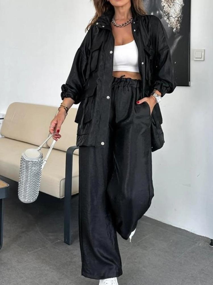 Women's Light Gray Suit Set with Wide Leg Pants, Stand Collar Jacket, White Crop Top, Casual Office Wear