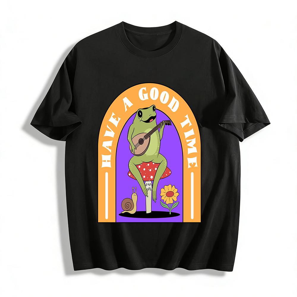 

Cute Guitar Playing Frog Print T-Shirt, Casual Loose Top with Mushroom Snail Pattern for Men and Women Pure cotton T-shirt XXS