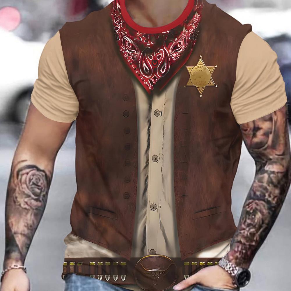 Western Sheriff Fake Two Piece Printed T-Shirt Men's Retro Denim Style Casual Short Sleeve Top