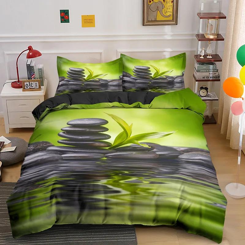 Zen Stone Green Bamboo Duvet Set Three-Piece Set, Natural Landscape Printed Bedding Set