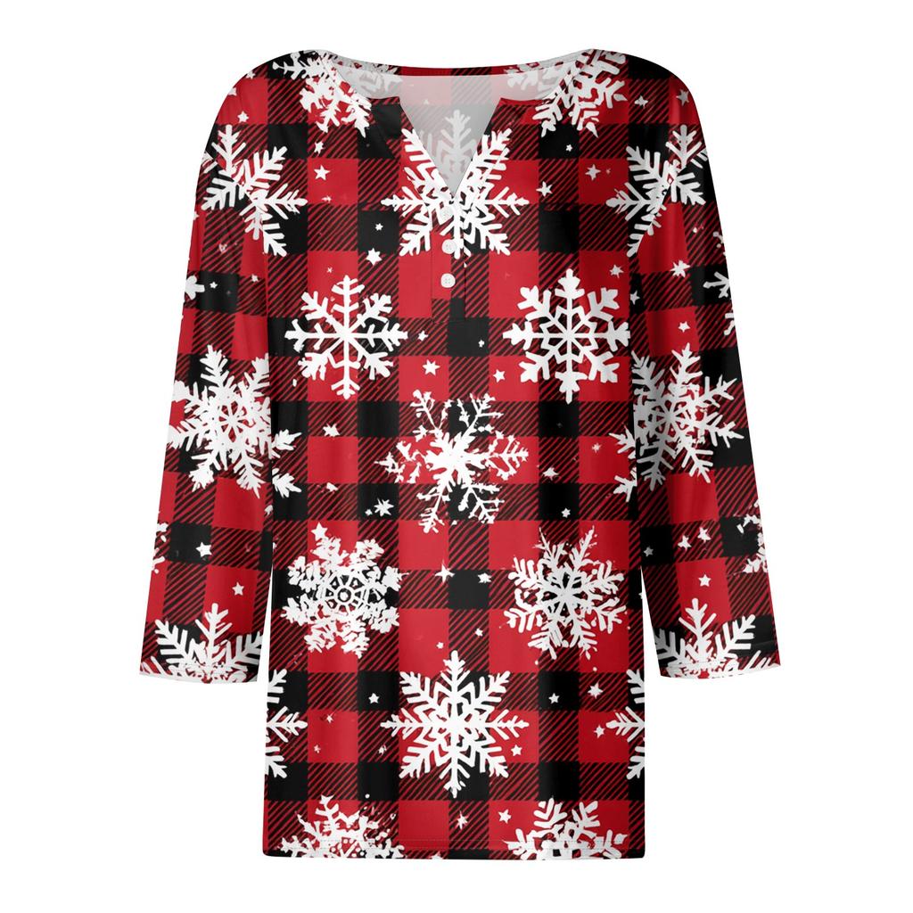 Women's Casual Christmas Print V-Neck T-Shirt with 3/4 Sleeves and Decorative Buttons