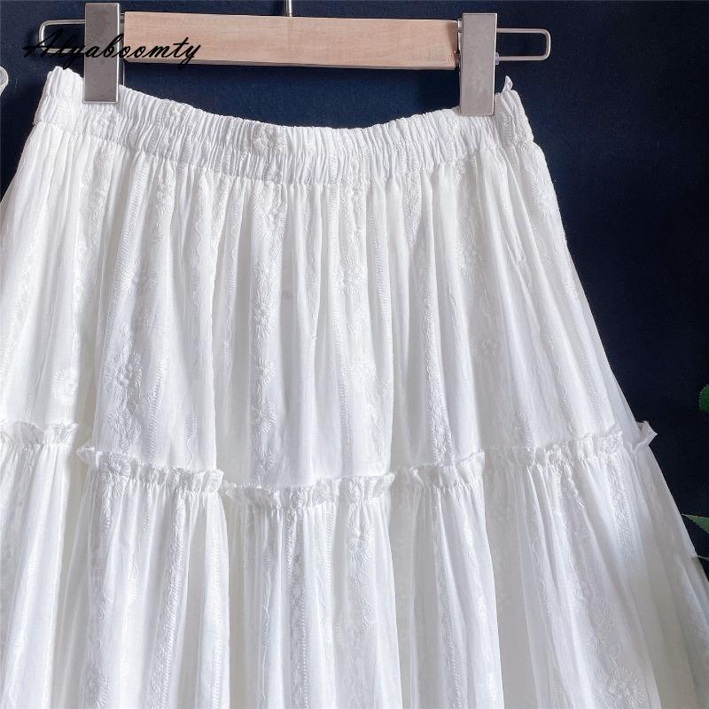 Japanese Mori Girl Spring Summer Women Midi Skirt Elastic Waist Jacquard Cotton White Skirt Sweet Basic Soft Ladies' A-Line Skirt