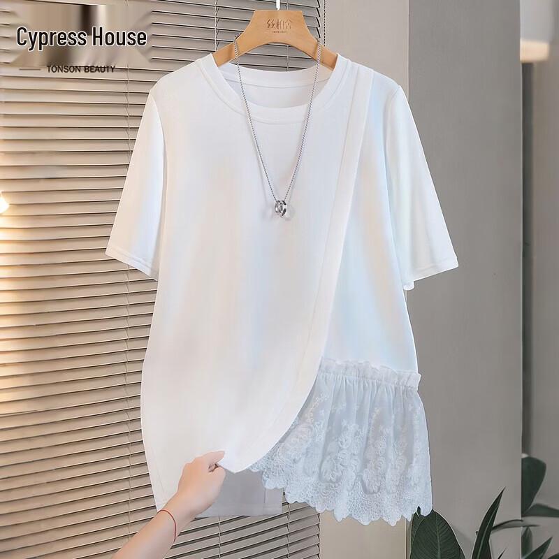 Sibaishe Women s Solid Color Spliced Round Neck Short Sleeve T-Shirt M