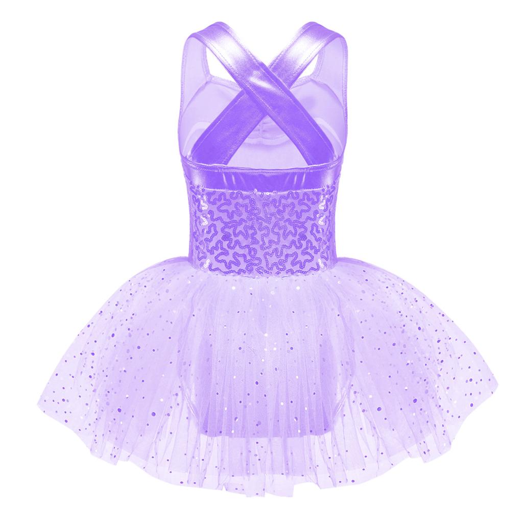 Girls Sleeveless Dance Dress with Shiny Sequins Crisscross Back and Tutu Mesh Skirt