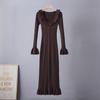 New Fall/Winter Bell-Sleeve Knit Sweater Dress for Women Stylish and Elegant Single-Breasted Ruffled Patchwork Pullover Knit Fishtail Dress