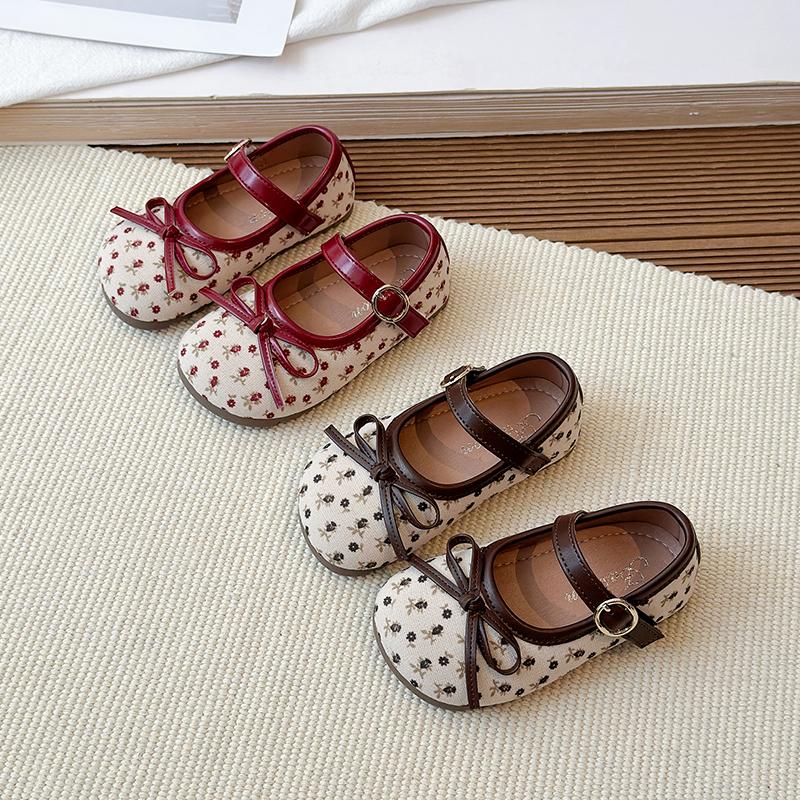 Spring Girl's Mary Janes Flower Bowknot Hook-loop Sweet Kid's Flat Shoe Solid Colors Chic Charming Daily Children Shoes 4-6Y