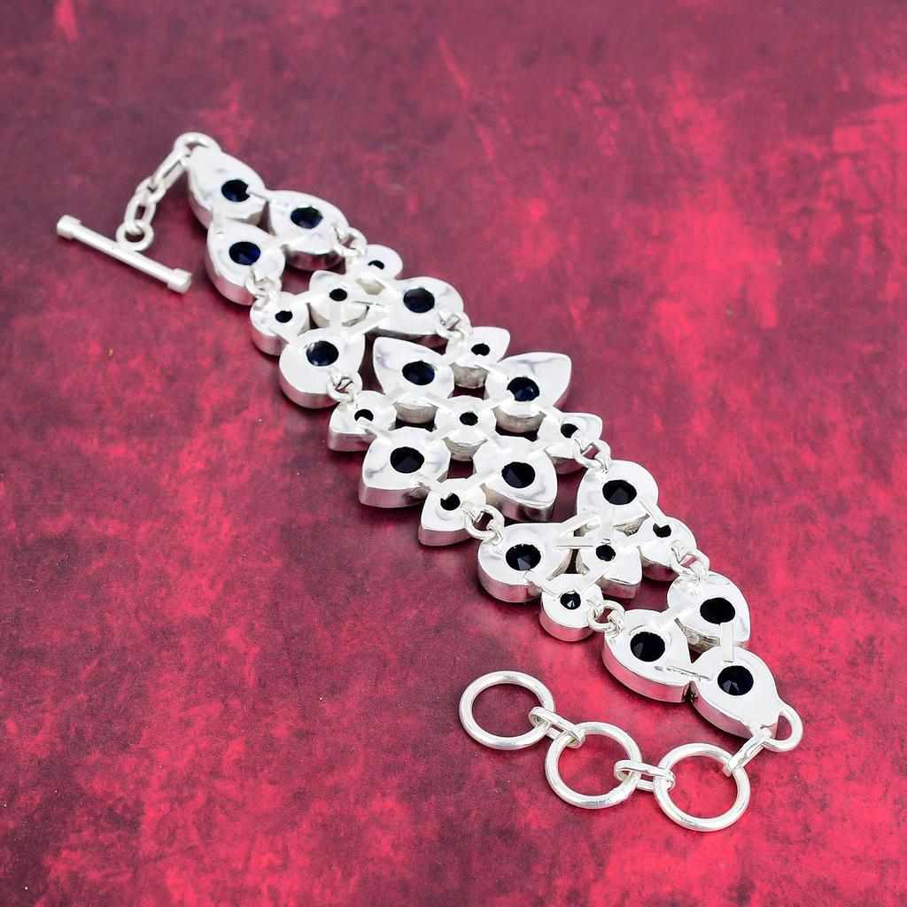 Blue Sapphire Bracelet, Handmade Gemstone Bracelet, 925 Solid Sterling Silver Antique Jewelry, For Engagement Gift