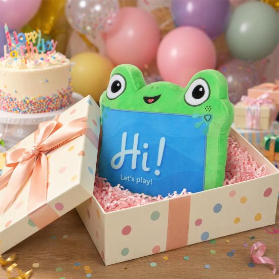 Green Frog Tablet Plush Toy, Soft Stuffed Animal, Cuddly Frog Plushie for Kids, Cute Character Collectible Gift for Boys Girls