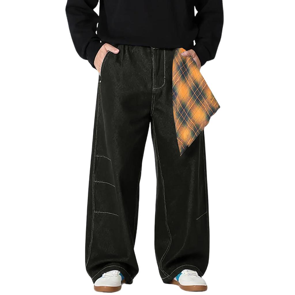 Men's Spliced Curved Pants, Loose Straight Leg Casual Jeans