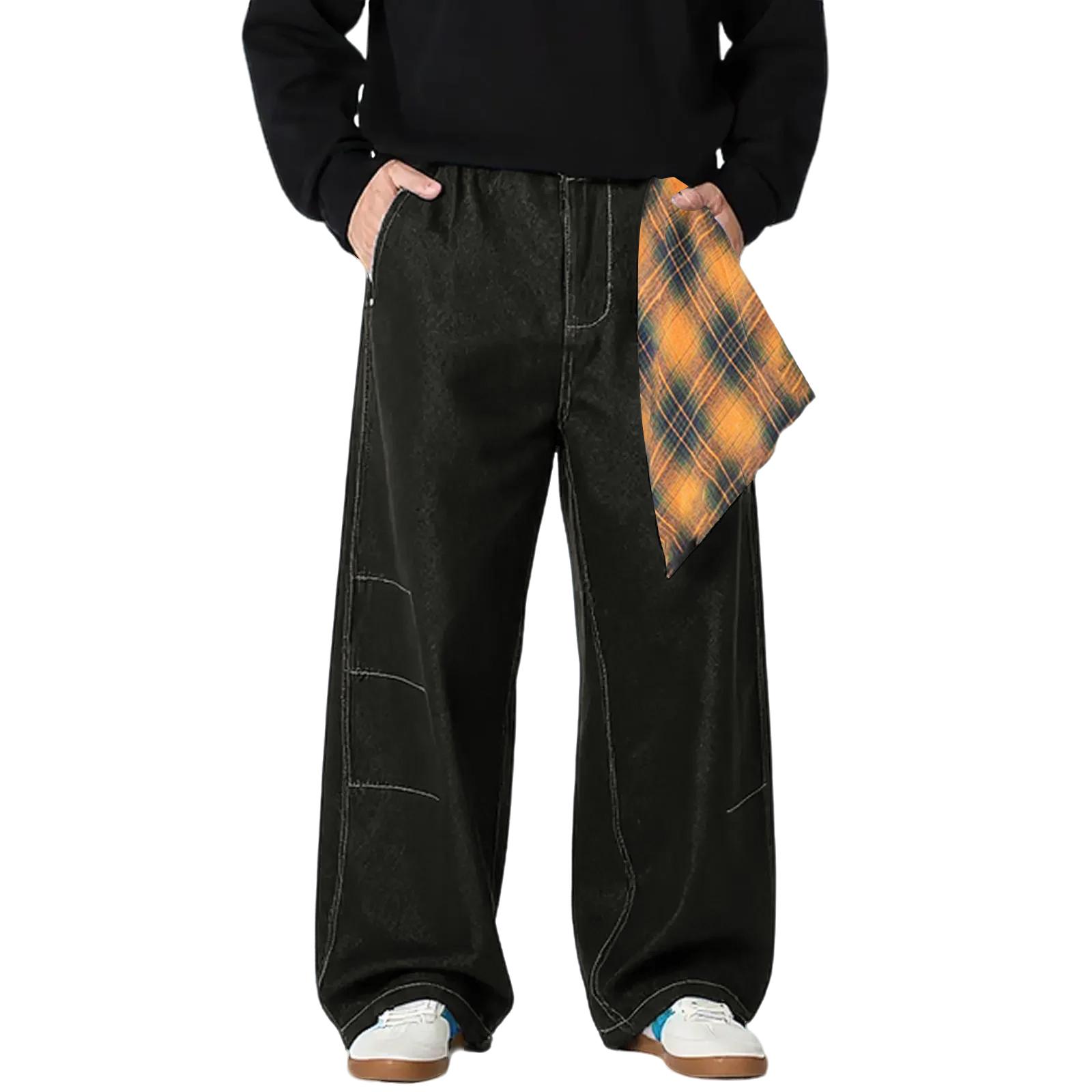 

Мужские комбинированные брюки с изогнутым кроем, повседневные джинсы свободного прямого кроя S чёрный