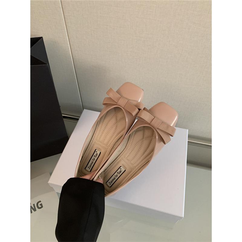 Sheepskin version~ Grape mother has the same temperament square head bow commuting versatile light mouth single shoes women's flat ballet shoes