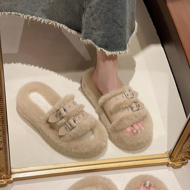 2025 Autumn and Winter New Thick-soled Fluffy Slippers Outer Wear Women's Versatile Fashion Soft Bottom Light Luxury Light Stepping On Shit Feeling