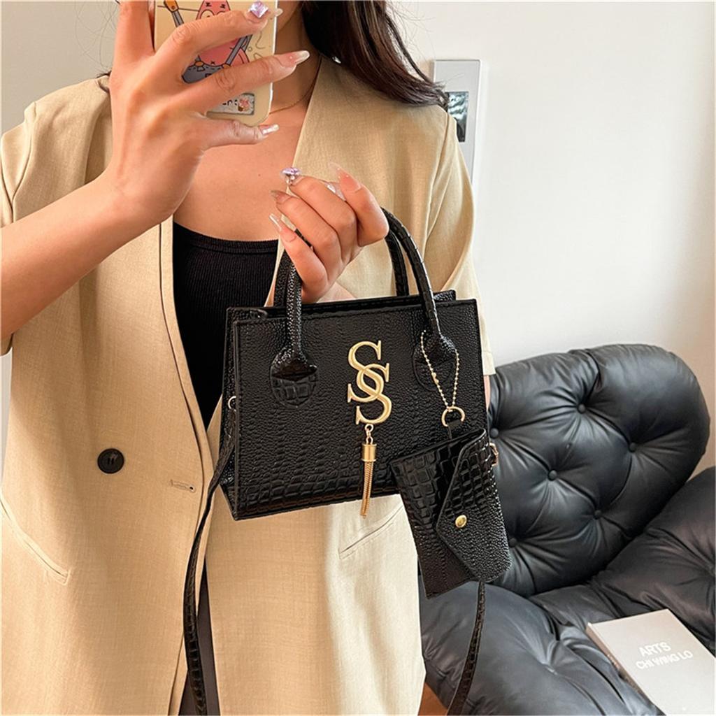 Fashion Solid Color Simple Crocodile Letters Tassel Casual Atmosphere Shoulder Handbag Bag For Women