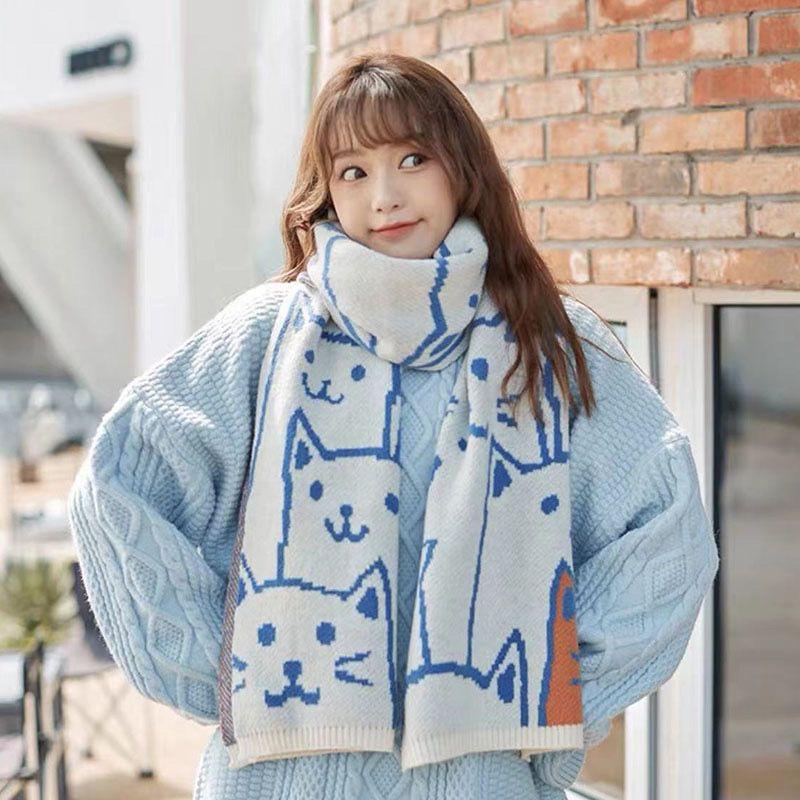 Winter New Couple Scarves Knit Wool Unisex Student Wrap Korean Style Cat Cute Cartoon Thick Warm