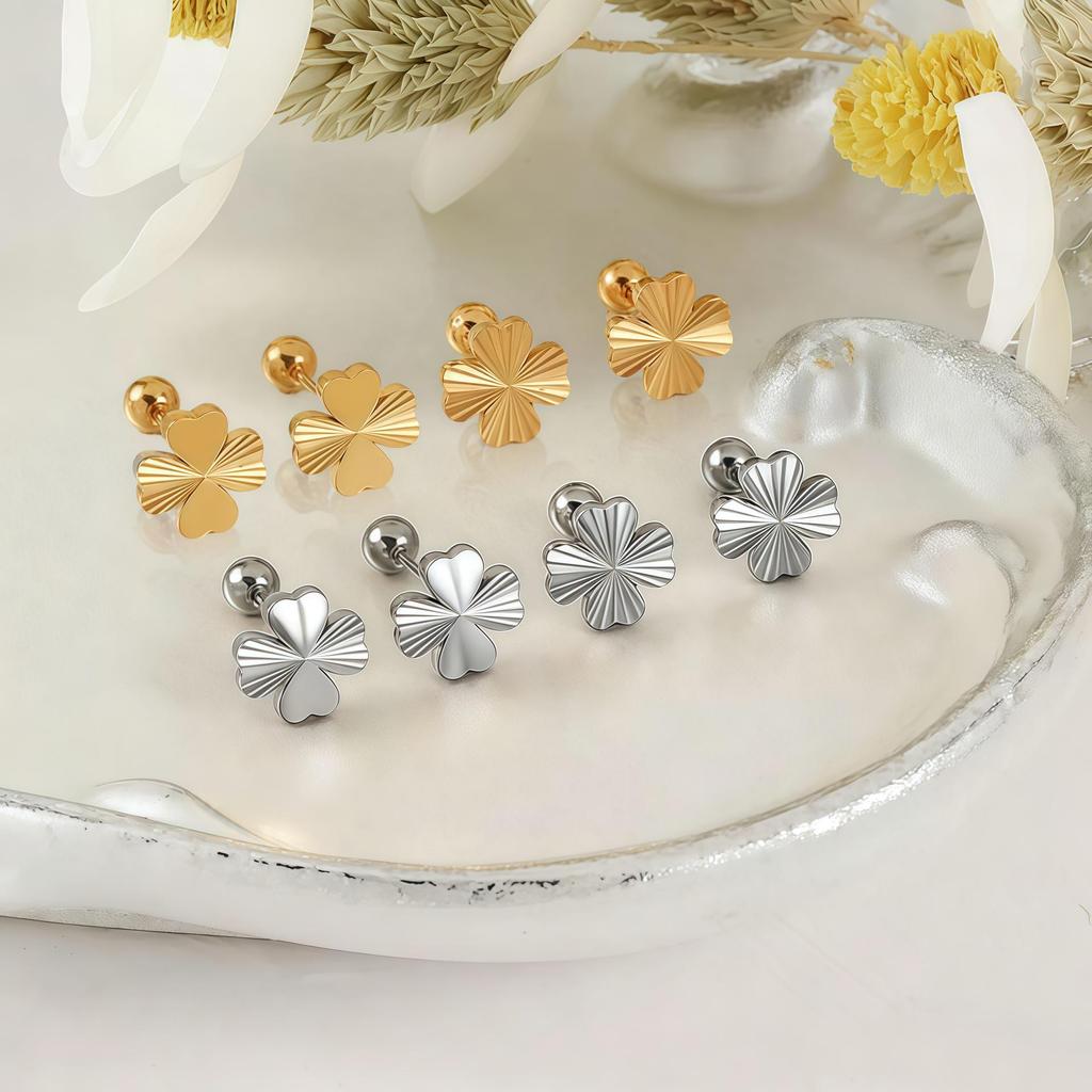 Korean Style Laser-Etched Four-Leaf Clover Heart Ear Studs - Fashionable Titanium Steel Earrings for Women