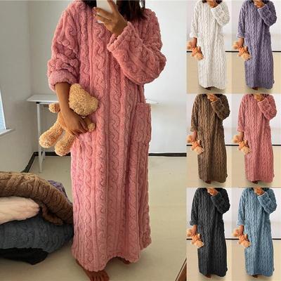 Women Coral Fleece Long Nightdress Long Sleeve Sleepwear Winter Warm Nightgowns