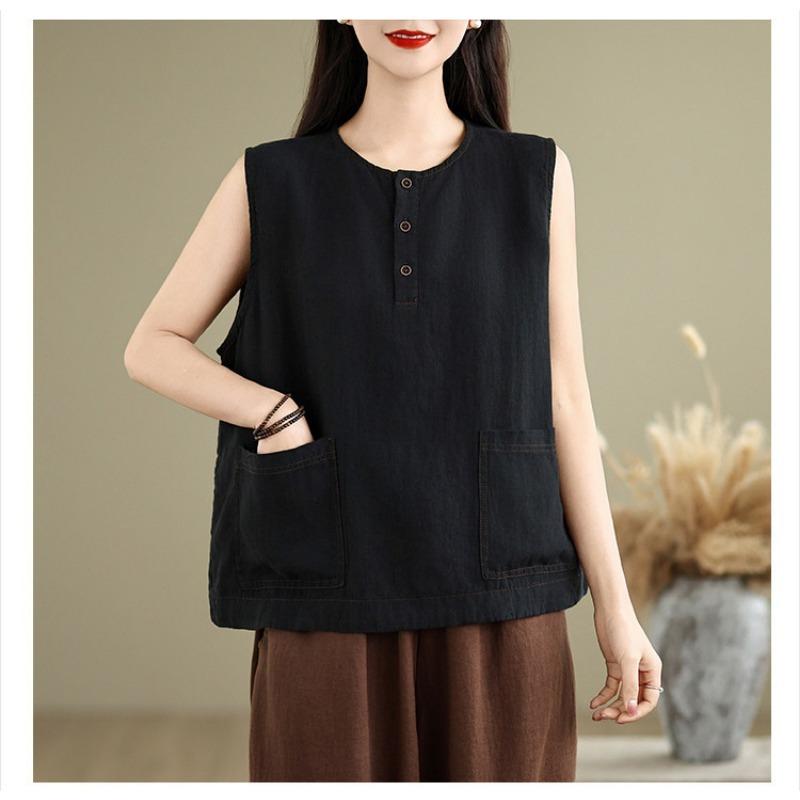 Women Vintage Cotton Linen Sleeveless Vest Button Design Loose Fit All Match Art Style Summer New Casual Tank Top