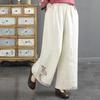 Tide Women's Spring Elastic Waist Cotton Linen Straight Leg Pants with Retro Embroidery