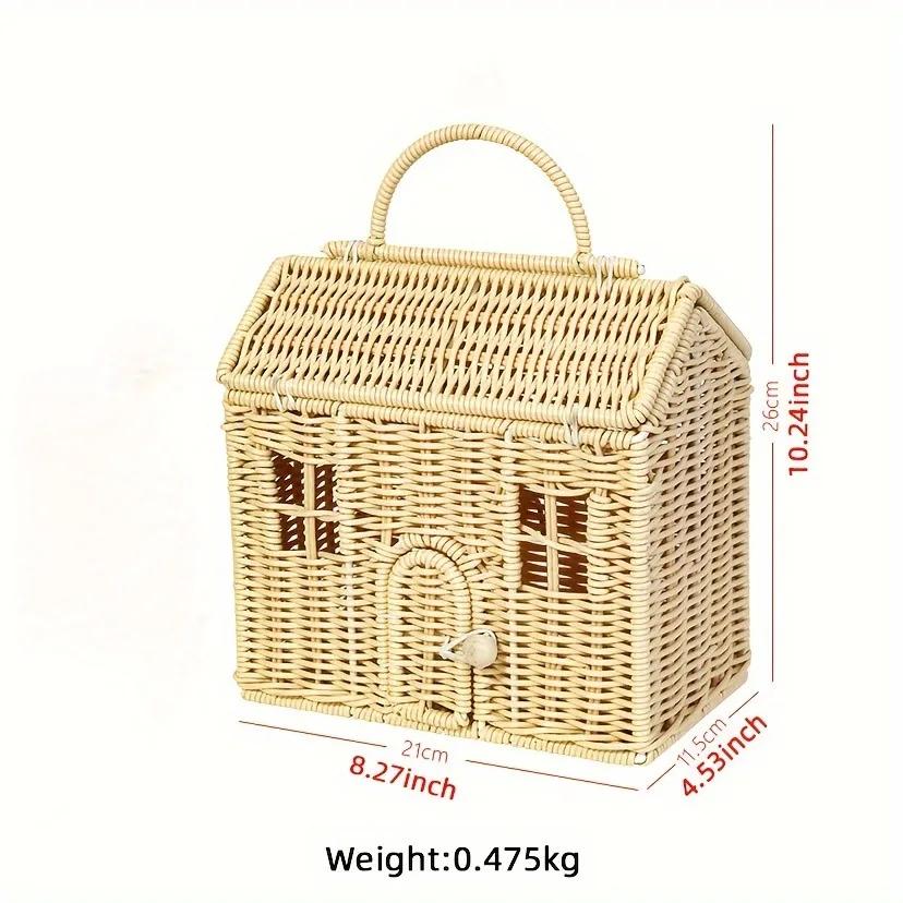 DIY House-Shaped Wicker Basket with Lid Handwoven Rattan Storage Basket for Home Decor Picnic Organizer Gift Box Doll House
