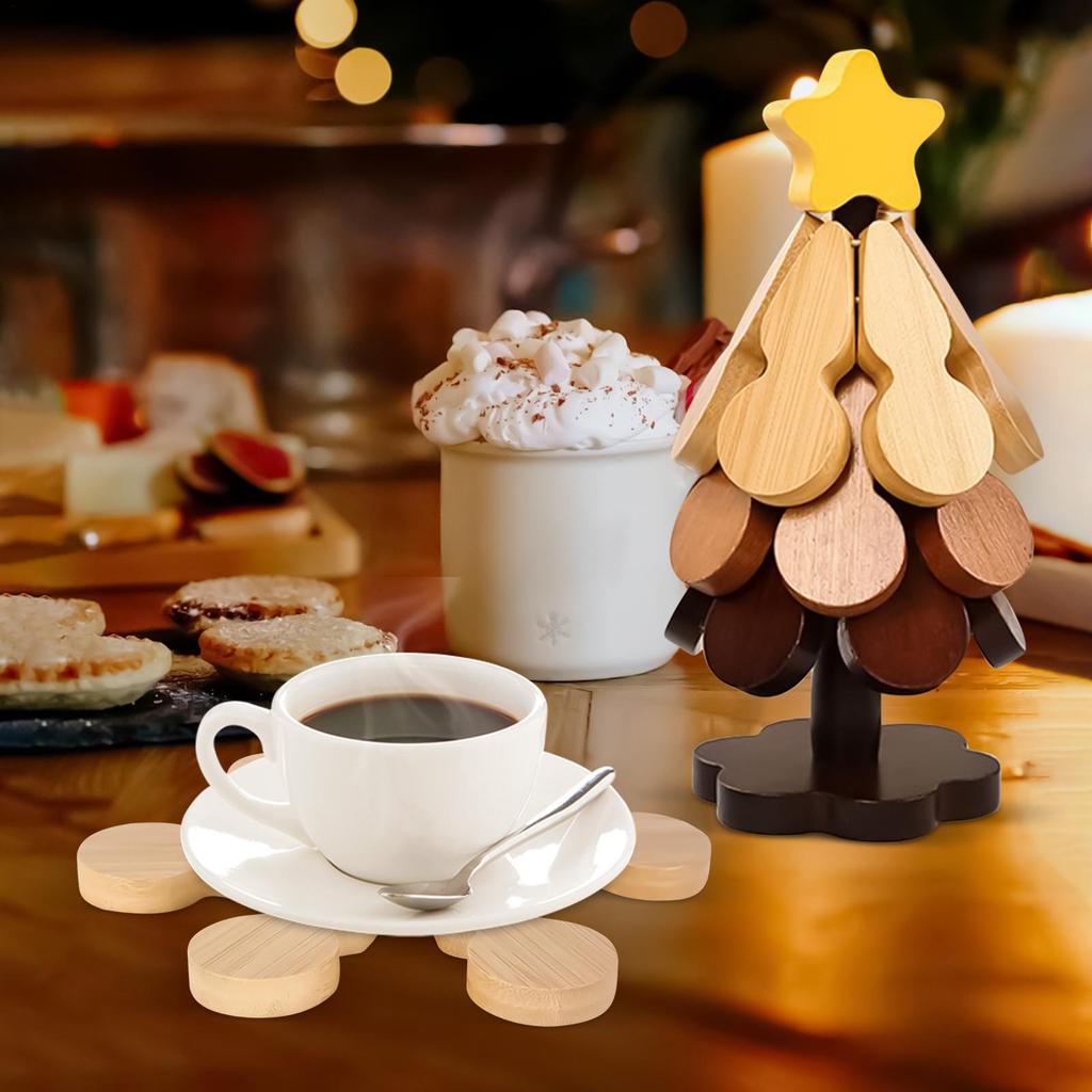 Wooden Coaster Foldable Christmas Tree Design Stand Wooden Trivets Decorative Anti Scald Heat Resistant Table Mat Cup Pad