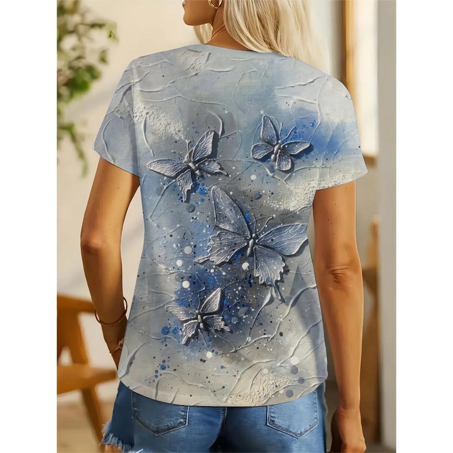 3D Butterfly Design T-Shirt, Casual Short-Sleeve Top Suitable for Spring and Summer, Womens Tees