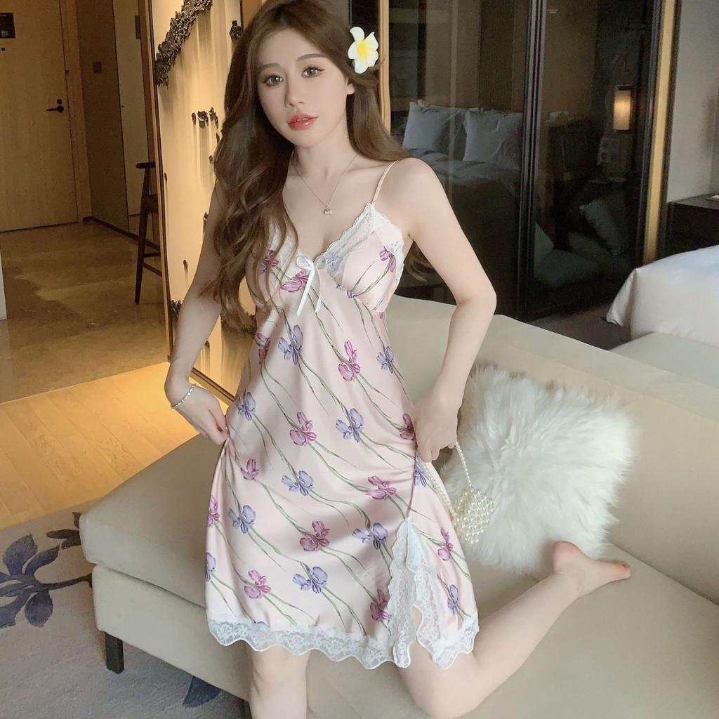 Sexy print nightdress Ice Ribbon chest pad summer thin new women's suspender pajamas pure loungewear