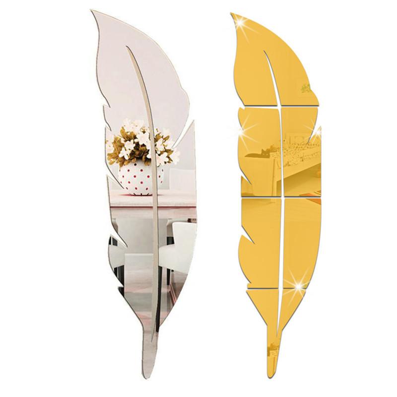 Large Feather shape Design Mirror Wall Sticker For Living Room Art Home Decor Decal DIYs Acrylic Sticker Mural Wallpaper