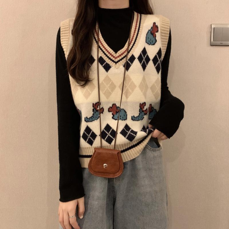 

Женский милый вязаный свитер без рукавов Y2K с v-образным вырезом, корейская зимняя одежда, бюстье, вязаный жилет для женщин, пуловеры OneSize белый