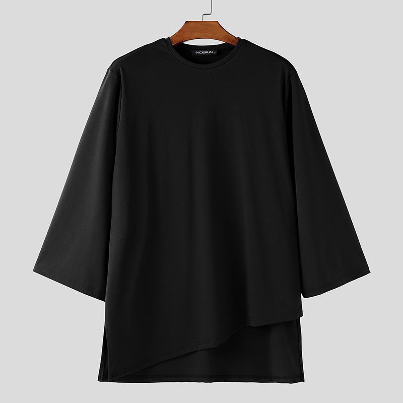 INCERUN Oversized Summer Men O Neck 3/4 Sleeve iIrregular Casual Long T-shirts Tee Tops