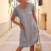 Summer Loose Solid Color Pocket Short Sleeve Crew Neck Dress for Women