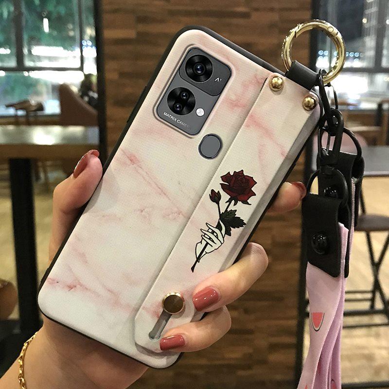 Ring Dirt-resistant Phone Case For Oukitel C33 Fashion Design Wrist Strap Lanyard Phone Holder Kickstand Silicone Flower
