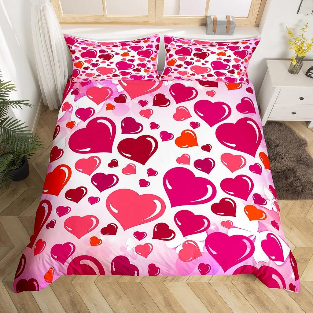 Love Heart Soft Duvet Cover Pink Romantic Beding Set Microfiber Warm Comforter Cover For Young Girls Ten Couple Valentine's Day Weding Decor