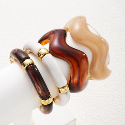 4Pcs Wavy Bamboo Bracelet Set CCB Resin Irregular Curve Chunky Bangle Stackable Mixed Color Jewelry For Women Party Daily Wear