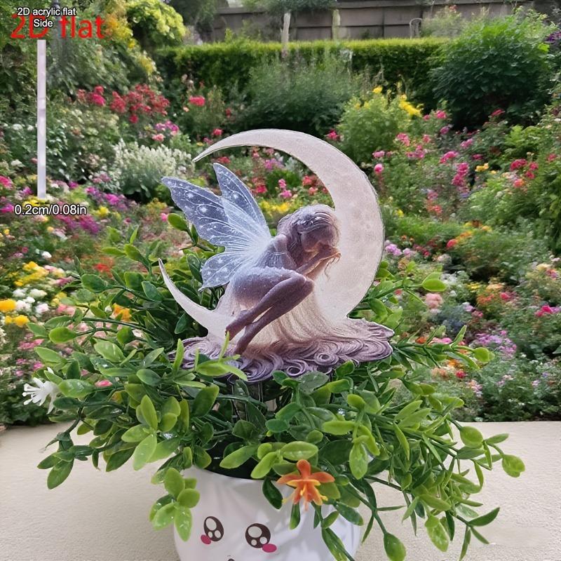 2D Flat Acrylic Moon Fairy Garden Stake Wooden Sign, Outdoor Gardens and Potted Landscapes Signs, Suitable for Wall Decoration, Porch, Room, Villa, Ac