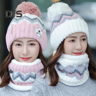 2 Teile/satz Wintermütze Und Schal Set Für Damen Plüsch Ball Dekor Kontrast Farbe Dicke Plüsch Linie Kältebeständige Beanie Outdoor Ski Skating Radfahren Halsschutz