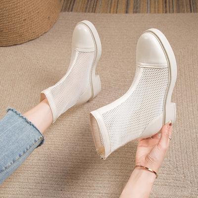 Mesh Hollow Chelsea Stiefeletten Damen Sommer Dünner Abschnitt Atmungsaktiv Dicker Absatz 6 Stiefel Weiblich High Top Sandalen Freizeitschuh