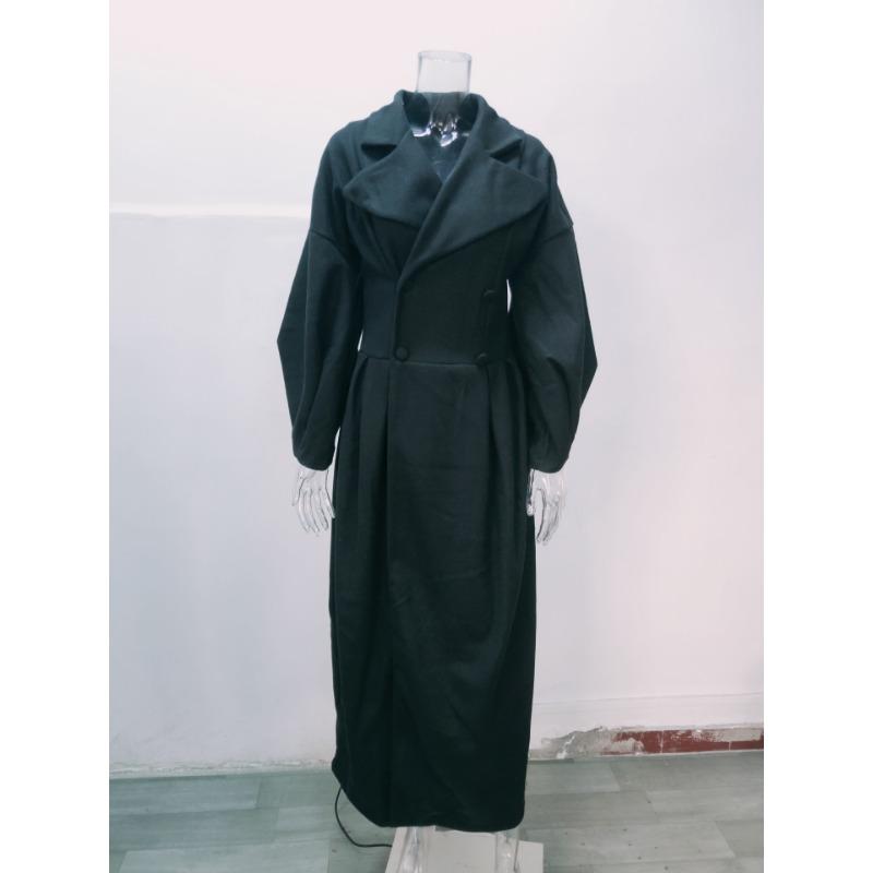 Vintage Court Style Waist Cinched Long Turn Down Collar Lantern Sleeve Overcoat For Women
