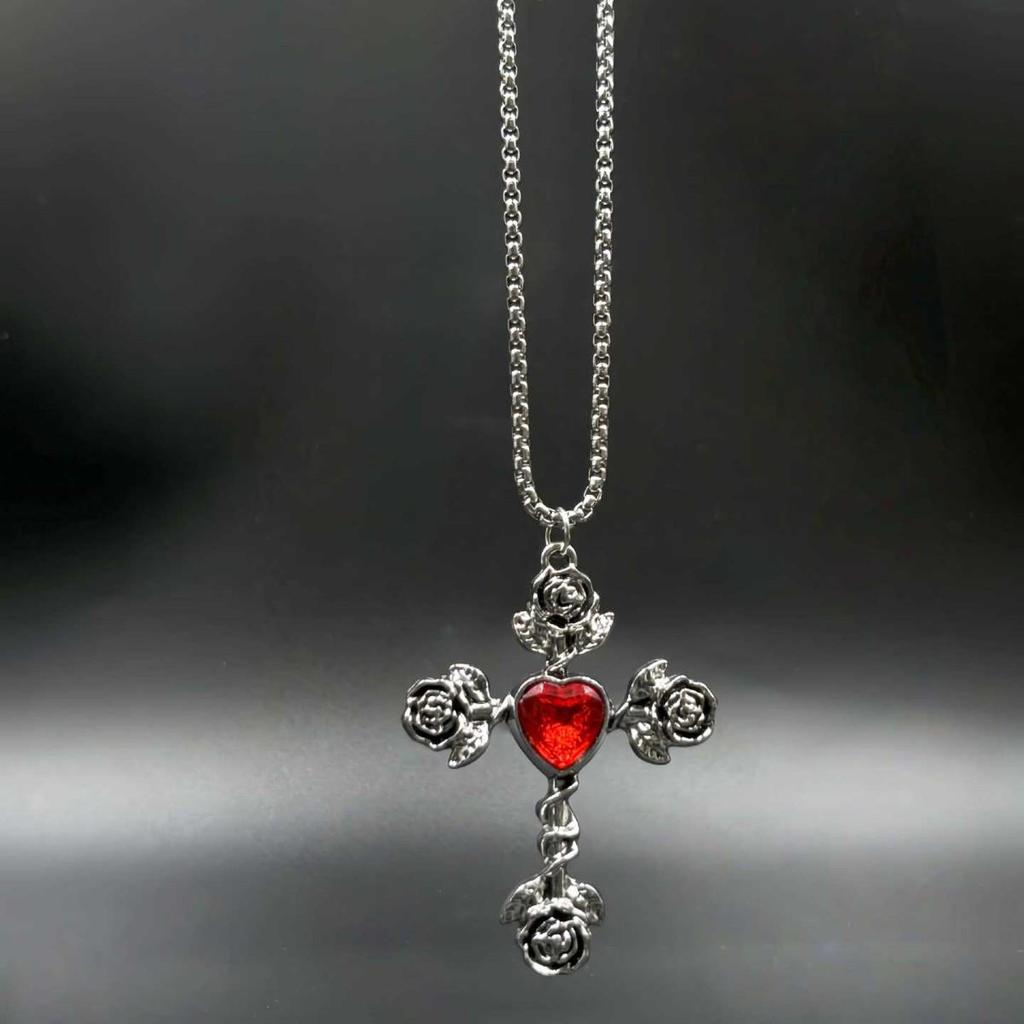 Gothic Punk Heart Gemstone Rose Cross Pendant Necklace
