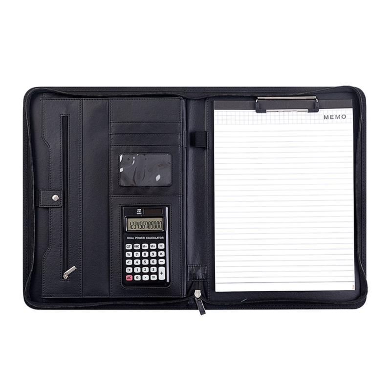 Leather Conference Folder Zippered Business Document Case with Calculator Clipboard Multiple Pocket Card Holder Pen Slot