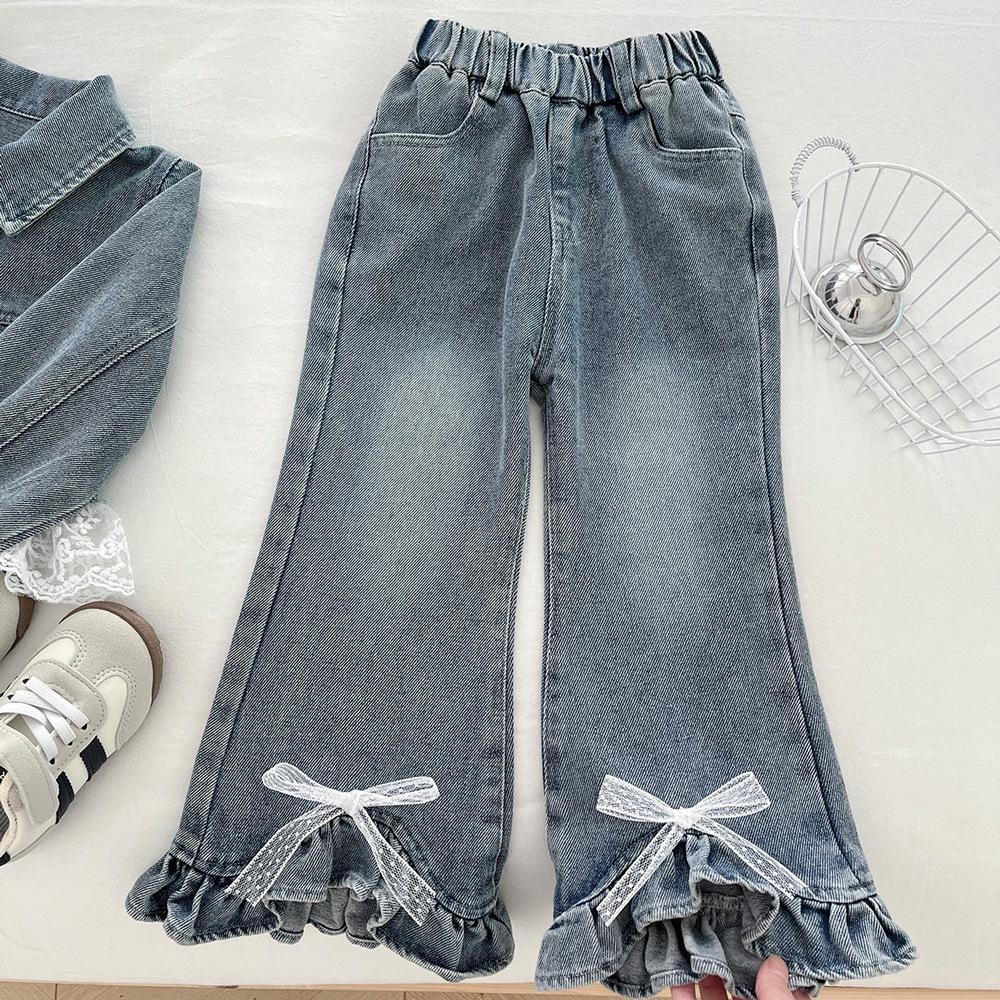 Girls' Korean-Style Lace Denim Jacket & Micro Flare Jeans Set for Autumn 2025