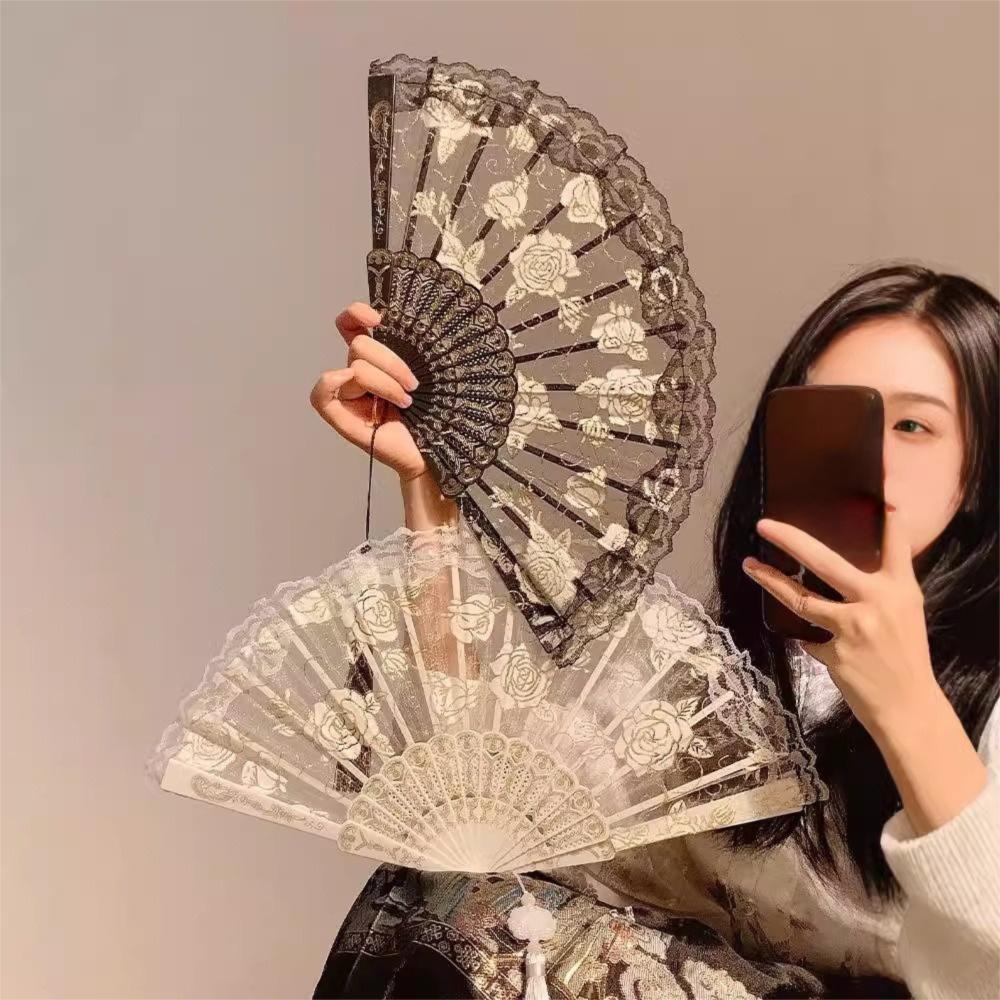 Fashion Floral Pattern Lace Hand Fan Tassel Design Small Size Folding Fan Chinese Style Foldable Decorative Fan Photo Props