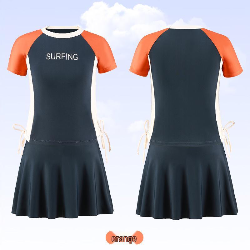 

Консервативный купальник-двойка для девочек 2025 года со свежим коротким рукавом и юбкой 150 оранжевый