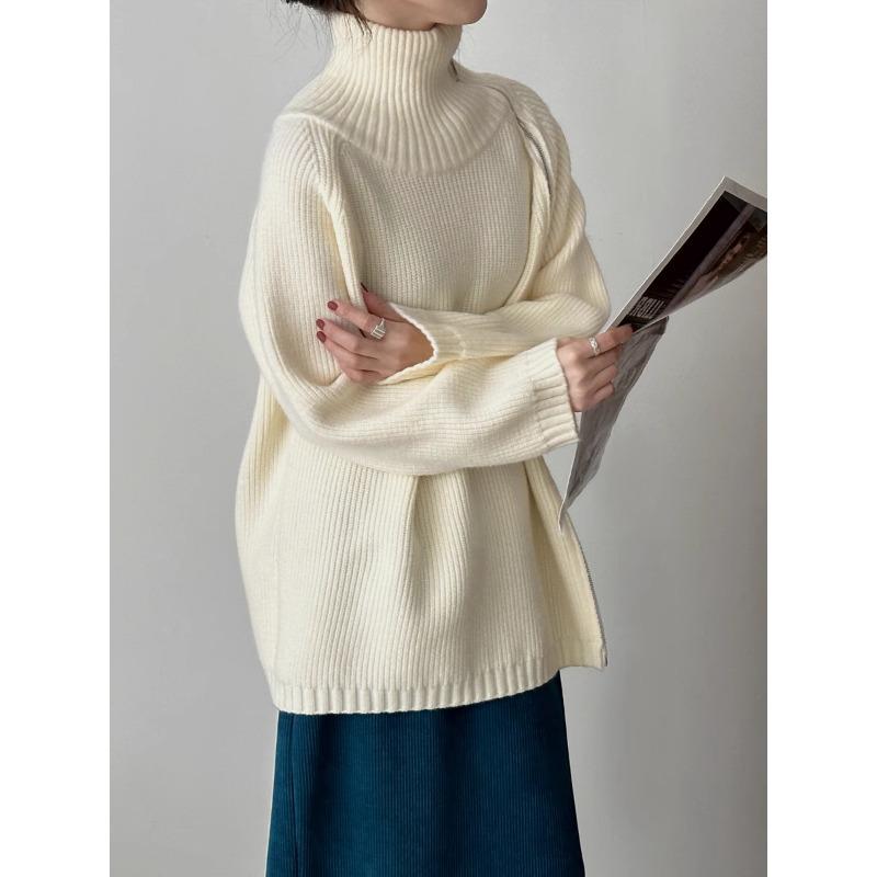 DIMANAF 2025 Autumn Women Zipper Sweaters Lady Pullover Tops Female Turtleneck Knitted Basic Solid Tees Red Sweaters